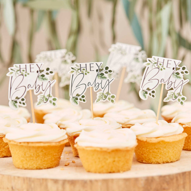 'Hey Baby' Botanical Cupcake Toppers (12 pack)