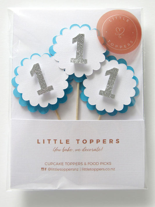 1st Birthday Scallop Cupcake Toppers - Blue (6 pack)