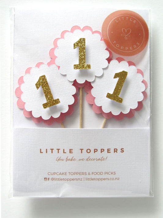 1st Birthday Scallop Cupcake Toppers - Pink (6 pack)