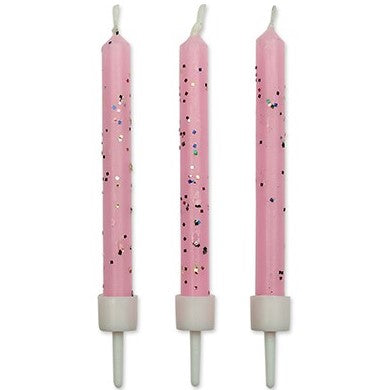 PME Pink Glitter Candles with Holders - 62mm / 2.4" (10 pack)